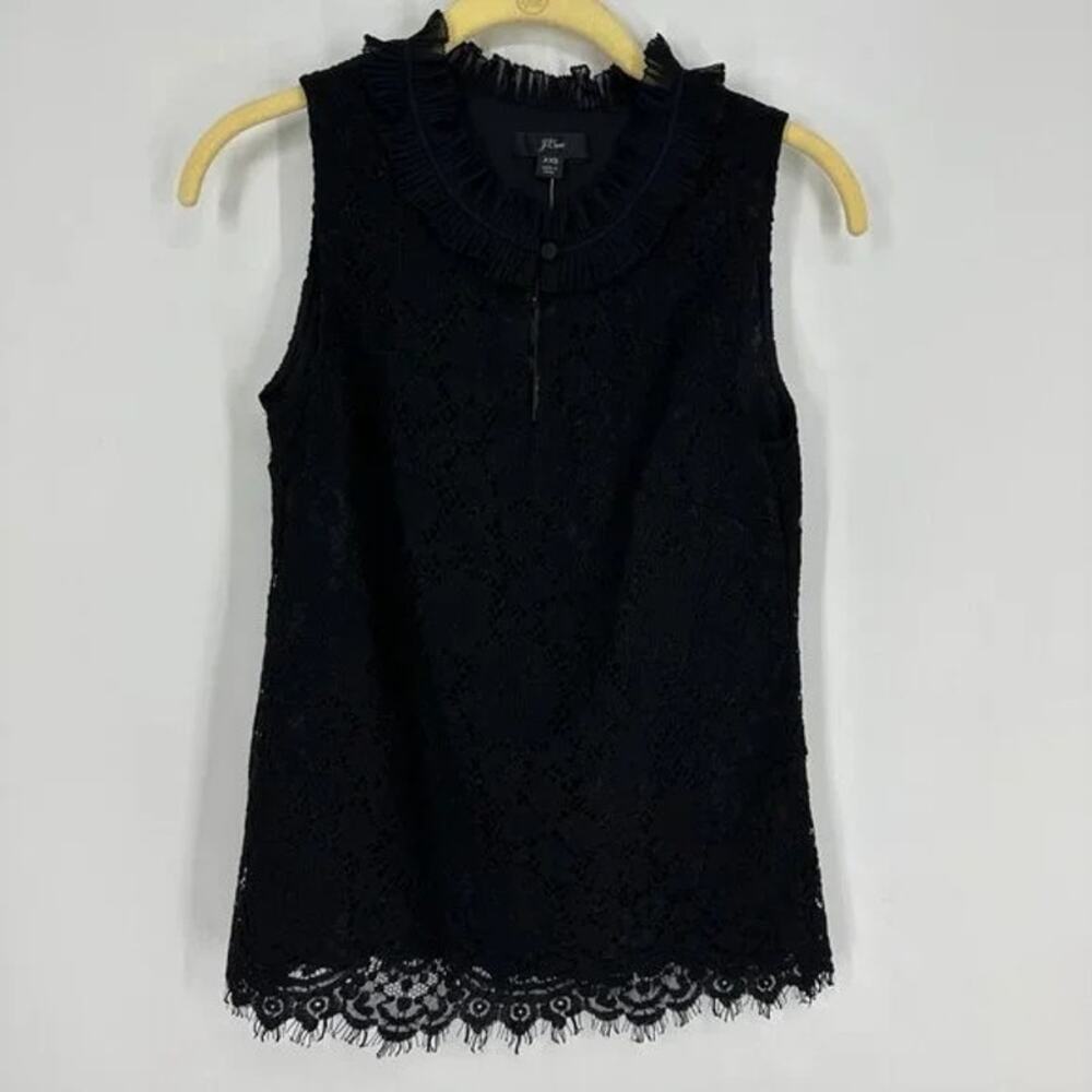 J. Crew Lace Ruffle Neck Top XXS Sleeveless Black Blouse H2203 Holiday Scallop